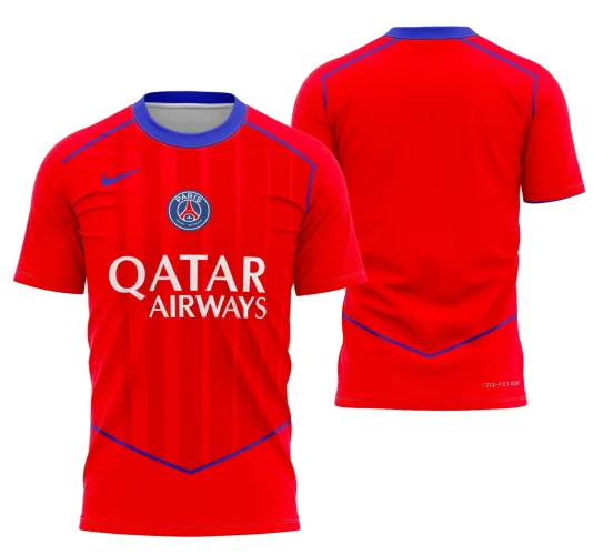 Camisa PSG com logo no peito e estampa grande nas costas, com design moderno e cores vibrantes, perfeita para fãs do time que buscam estilo e autenticidade no visual.