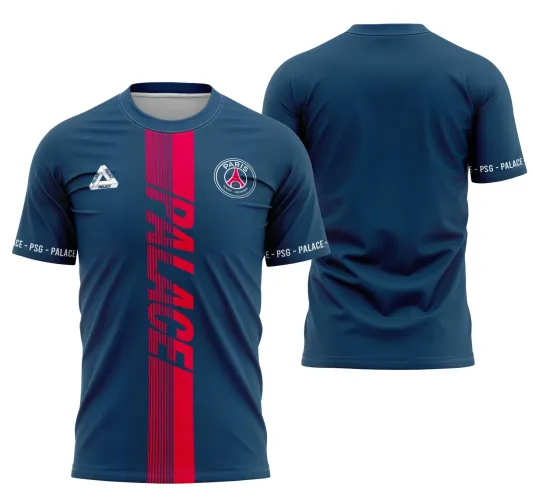 Camisa final com logo no peito bem visível e estampa grande nas costas destacando design exclusivo inspirado na parceria Psg x Palace 2019-2020.