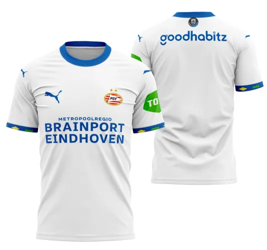 Camisa do Psv Eindhoven com logo no peito e estampa grande nas costas, trazendo design moderno e vibrante com detalhes marcantes em vermelho e branco, perfeita para fãs que apreciam estilo e autenticidade.