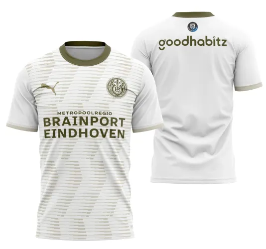 Camisa do PSV Eindhoven com logo no peito e estampa grande nas costas, destacando design moderno e cores vibrantes para a temporada 2025/2026.