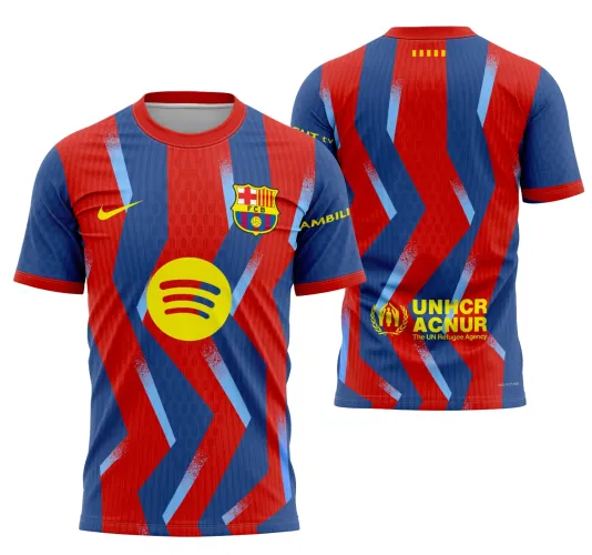 Camisa oficial do Barcelona 2025-2026 com logo no peito e estampa grande nas costas, exibindo design moderno e características emblemáticas do time para a nova temporada.