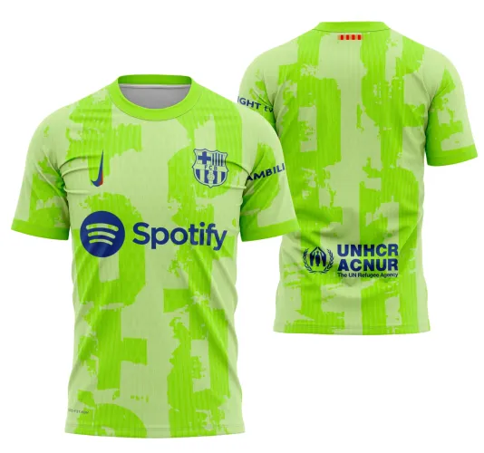 Camisa com logo no peito e estampa grande nas costas, exibindo design inspirado no Barcelona para a temporada 2025-2026, cores vibrantes e estilo moderno.