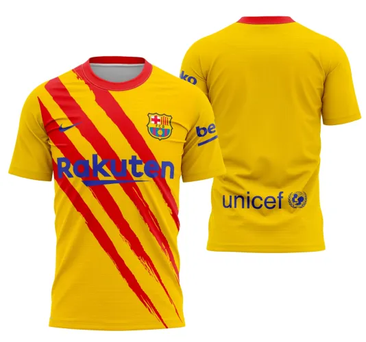 Imagem da camisa com logo no peito e estampa grande nas costas, representando o quarto kit do Barcelona 2019-2020, ideal para fãs do time buscando estilo e autenticidade.