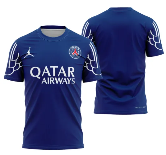 Camisa com logo no peito e estampa grande nas costas apresentando design moderno e vibrante, inspirada no estilo do PSG para a temporada 2024-2025, com cores marcantes e detalhes únicos.