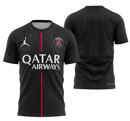 Camisa com logo no peito e estampa grande nas costas que representa o estilo e identidade da temporada 2025-2026 do PSG, combinando detalhes modernos e cores vibrantes.