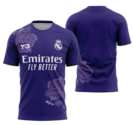 Camisa do Real Madrid 2023-2024 com logo no peito em destaque e estampa grande nas costas exibindo design moderno e elegante em cores oficiais do time