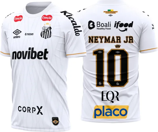 Imagem da camisa oficial do Santos com logo no peito e estampa grande nas costas, destacando design moderno e detalhes exclusivos que celebram o estilo e tradição do clube para a temporada 2026-27.