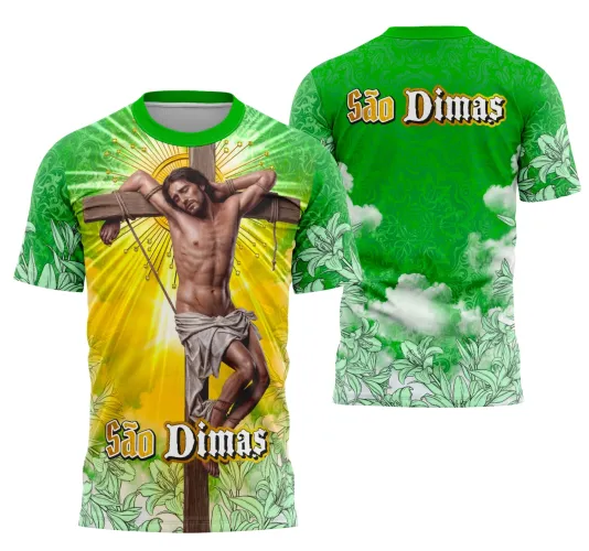 Camisa com logo no peito e estampa grande nas costas representando São Dimas, em design que mistura tradição e fé com estilo moderno.
