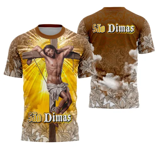 Camisa com logo no peito e estampa grande nas costas, apresentando design inspirado em São Dimas com elementos religiosos, estilo marcante e visual impactante para expressar fé e espiritualidade.