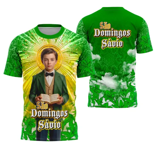 Camisa com logo no peito e estampa grande nas costas, destacando o tema São Domingos Sávio em design religioso com detalhes delicados e composição equilibrada, ideal para quem valoriza fé e estilo.