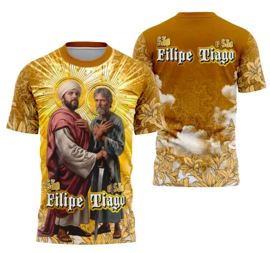 Camisa com logo no peito e uma estampa grande nas costas ilustrando São Filipe e São Tiago com design tradicional, cores vivas e detalhes que destacam a espiritualidade e a fé dos santos.