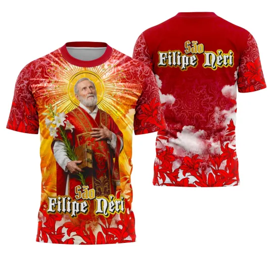 Camisa com logo no peito e estampa grande nas costas com imagem de São Filipe Néri, destacando elementos religiosos em design cheio de detalhes e cores vibrantes, ideal para quem busca fé e inspiração no estilo visual.