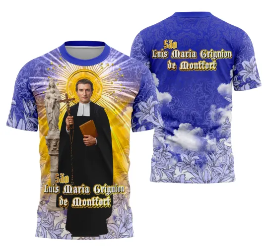 Camisa com logo no peito e estampa grande nas costas destacando a figura de São Luís Maria Grignion de Montfort, design religioso e estilo único para inspirar fé e devoção em cada detalhe.