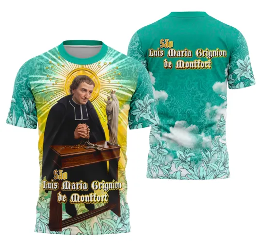 Camisa com logo no peito que destaca São Luís Maria Grignion de Montfort e estampa grande nas costas com design religioso em cores sóbrias e detalhes que simbolizam fé e devoção