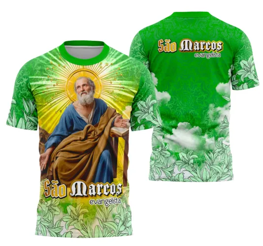 Camisa com logo no peito destacando símbolo religioso e estampa grande nas costas com ilustração de São Marcos Evangelista, em estilo expressivo e cores vibrantes, perfeita para demonstração de fé e identidade.