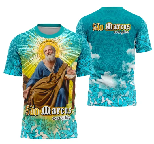 Camisa com logo no peito e estampa grande nas costas mostrando São Marcos Evangelista em estilo religioso vibrante e detalhado, ideal para quem busca inspiração e fé em um visual moderno e marcante.