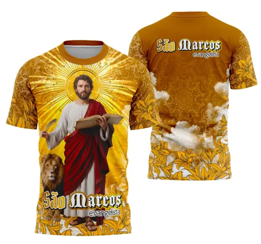 Foto da camisa com logo no peito e estampa grande nas costas destacando São Marcos Evangelista em estilo religioso moderno, em cores vibrantes e design detalhado que valoriza a espiritualidade.