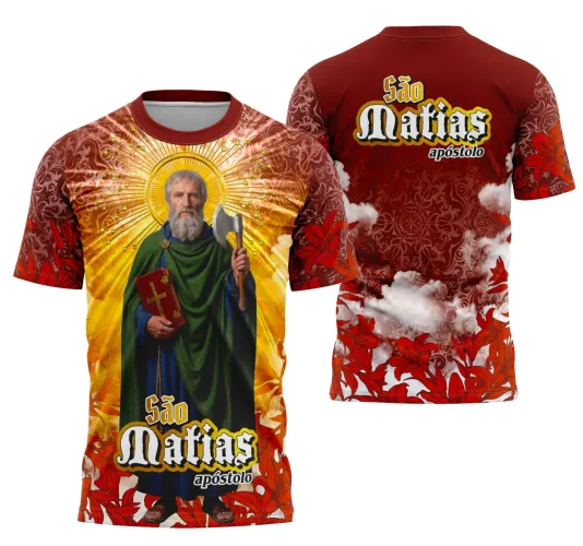 Camisa com logo no peito e estampa grande nas costas mostrando São Matias em design religioso único e cheio de estilo, ideal para quem valoriza a fé e quer expressar isso com personalidade.