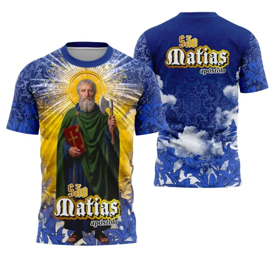 Camisa com logo no peito e estampa grande nas costas, destacando um design religioso inspirado em São Matias, ideal para quem busca estilo com significado espiritual forte e visual impactante.