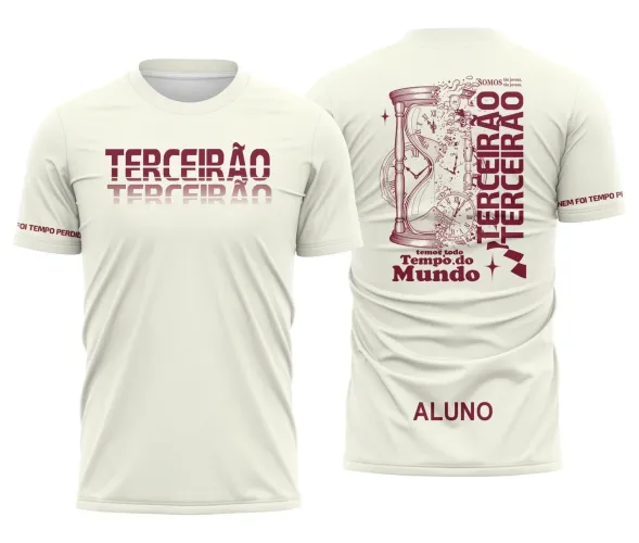 Foto da camisa com logo no peito e estampa grande nas costas, destacando design exclusivo para o Terceirão com tema Tempo Perdido, cores vibrantes e estilo moderno que captura a essência da turma finalista.