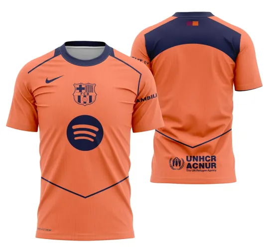Camisa com logo no peito e estampa grande nas costas em estilo moderno inspirado no terceiro Barcelona temporada 2025-2026, destacando cores vibrantes e design arrojado.