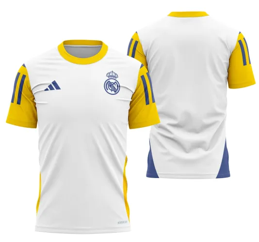 Camisa de treino do Real Madrid 2024-2025 com logo no peito e estampa grande nas costas, exibindo design moderno e estilo esportivo que destaca a identidade do clube espanhol em uniforme de alta performance.