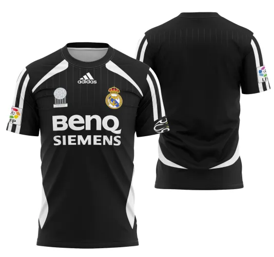Imagem da camisa com logo no peito e estampa grande nas costas, com design clássico da temporada 2006-2007 do Real Madrid, mostrando detalhes em branco e detalhes icônicos do clube.