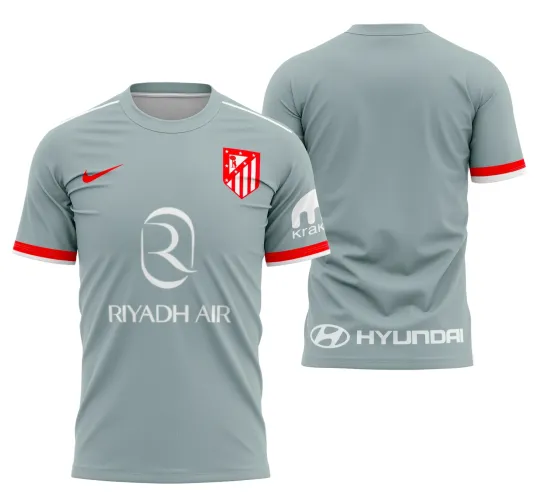 Camisa do Atlético de Madrid com logo no peito e estampa grande nas costas, nas cores tradicionais, destacando design moderno e estiloso para torcedores que valorizam o clube.