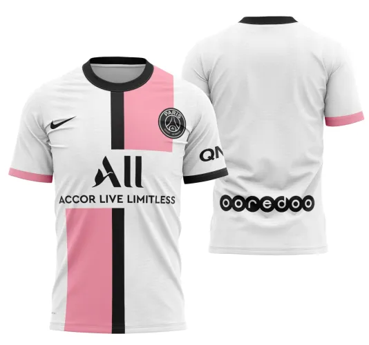 Imagem da camisa visitante do PSG 2021-2022, com logo no peito e estampa grande nas costas, destacando o design moderno em cores vibrantes.