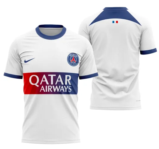 Camisa com logo do PSG no peito e estampa grande nas costas destacando detalhes da temporada 2023-2024, mostrando design moderno e cores vibrantes.