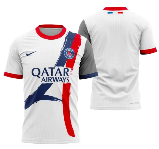 Camisa com logo no peito do PSG e estampa grande nas costas em design moderno e vibrante, destacando os detalhes exclusivos da temporada 2024-2025, perfeita para fãs do clube.