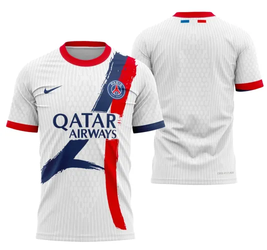 Camisa com logo no peito e estampa grande nas costas, exibindo visual moderno e vibrante inspirado no PSG 2025 2026, combinando estilo esportivo e elegância para torcedores apaixonados pelo time.