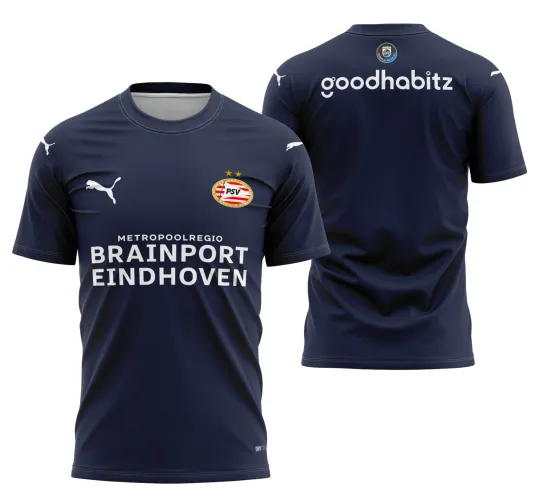 Camisa com logo no peito e estampa grande nas costas, design moderno e marcante inspirado no PSV Eindhoven 2025-2026, cores vibrantes e acabamento detalhado remetendo ao clube holandês.