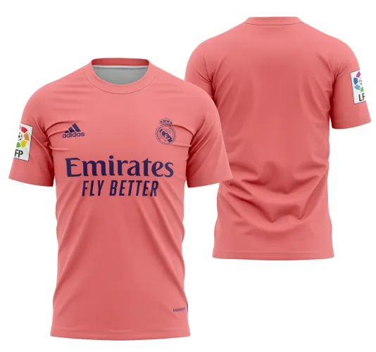 Foto da camisa visita do Real Madrid 2020-2021, com o logo no peito e uma estampa grande nas costas que destaca cores e detalhes do design clássico do clube.