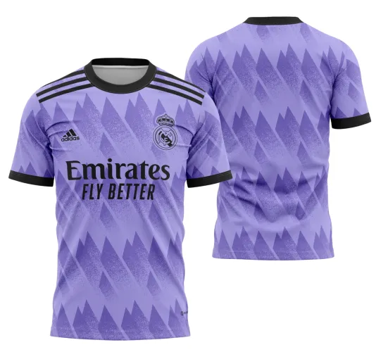Camisa branca do Real Madrid com logo no peito e estampa grande nas costas em design moderno para a temporada 2022-2023
