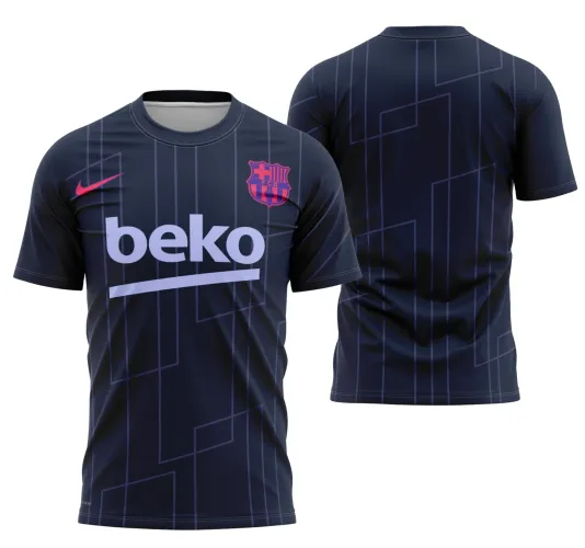 Imagem da camisa visita do Barcelona 21-22 destacando o logo no peito e uma estampa grande nas costas em azul e granada com detalhes modernos e design marcante.